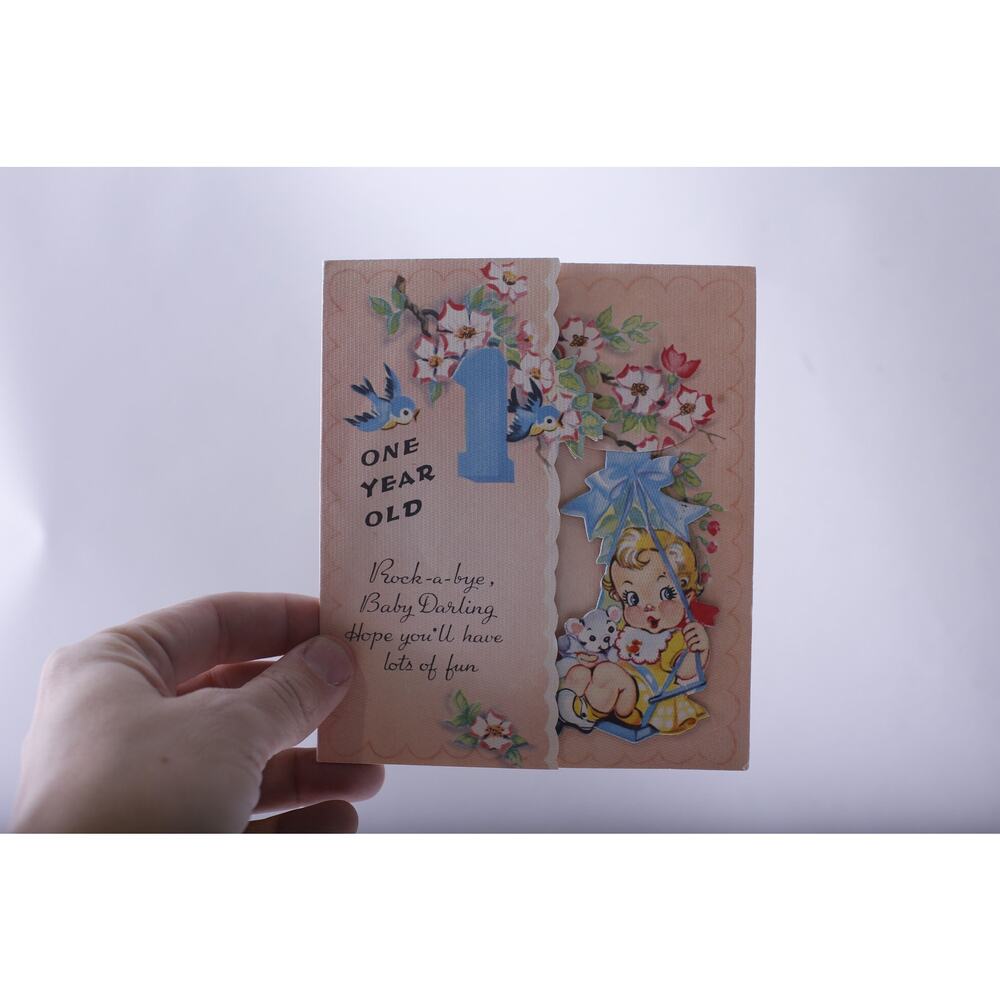 Cute Girl on a Swing, 1st Birthday, Greeting Card, Used, Retro